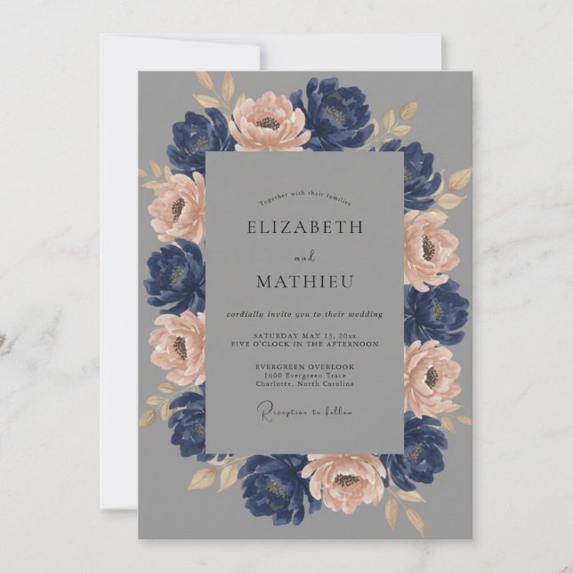 Invitation Mariage Indigo Pivoine Slate (Devant)