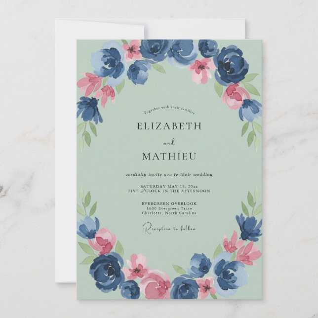 Invitation Mariage Indigo Ranunculus Eucalyptus Mousse de Mer (Devant)