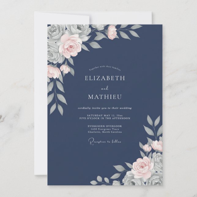 Invitation Mariage Indigo Rose Poussiéreuse Pétales (Devant)