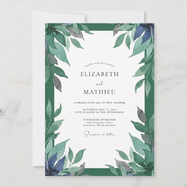 Invitation Mariage Indigo Sarcelle Feuillage Eucalyptus Pouss (Devant)