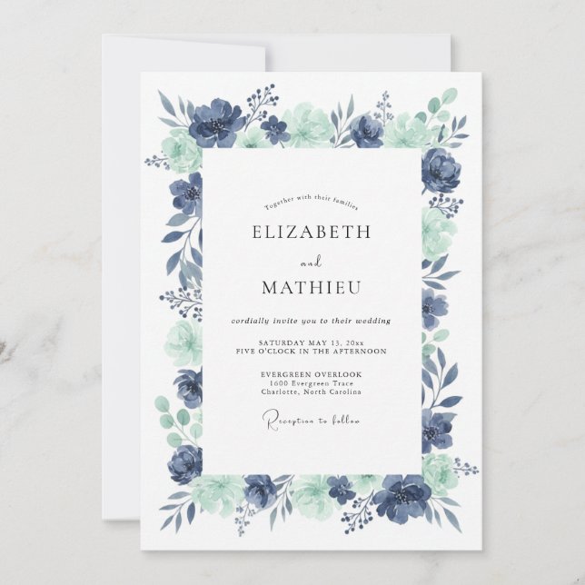 Invitation Mariage Indigo Seafoam Pivoine (Devant)