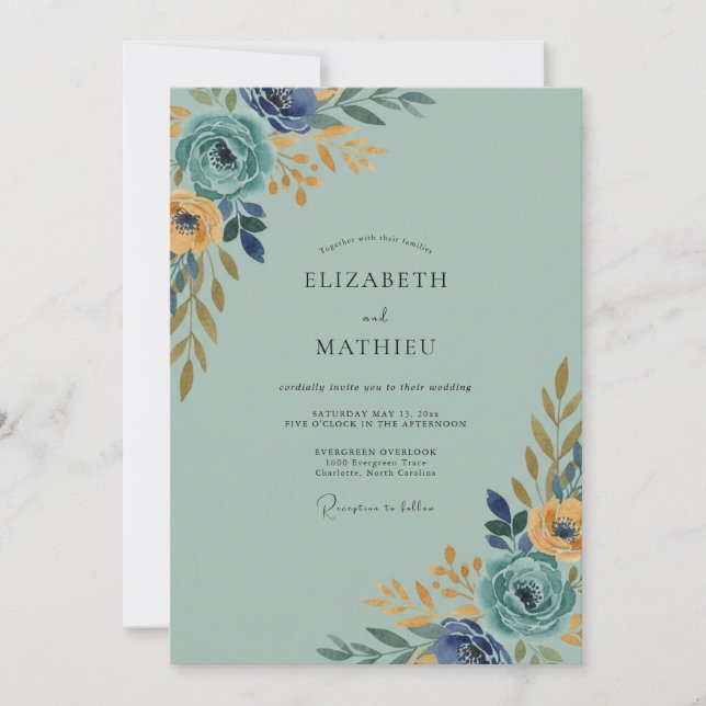 Invitation Mariage Indigo Soft Gold Feuillu (Devant)