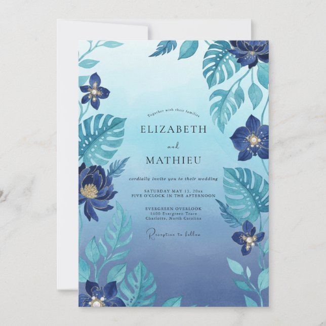 Invitation Mariage Indigo Tropical Monstera Eucalyptus (Devant)