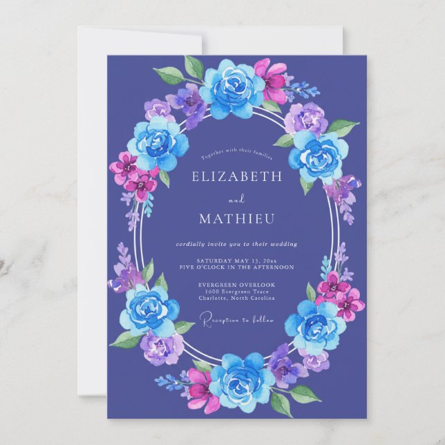 Invitation Mariage Indigo Violet Pivoine (Devant)