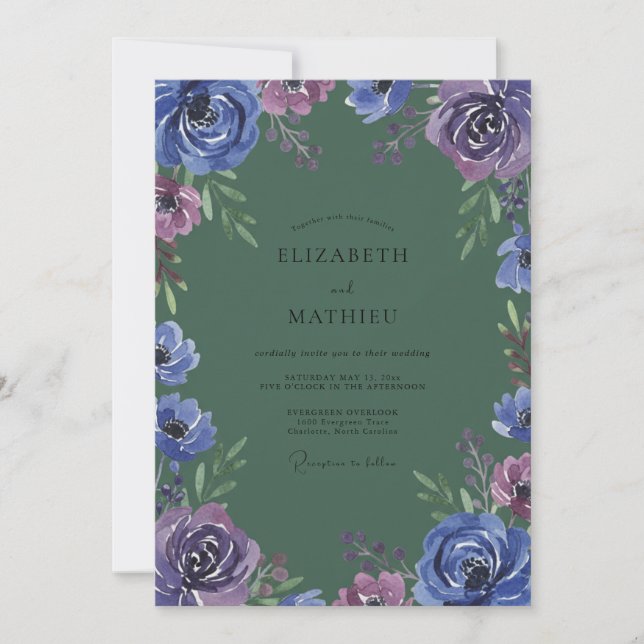 Invitation Mariage Indigo Violet Ranunculus Eucalyptus (Devant)