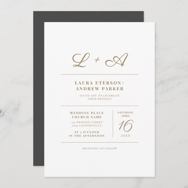 Invitation Mariage initial d'or minimaliste chic moderne (Devant / Derrière)