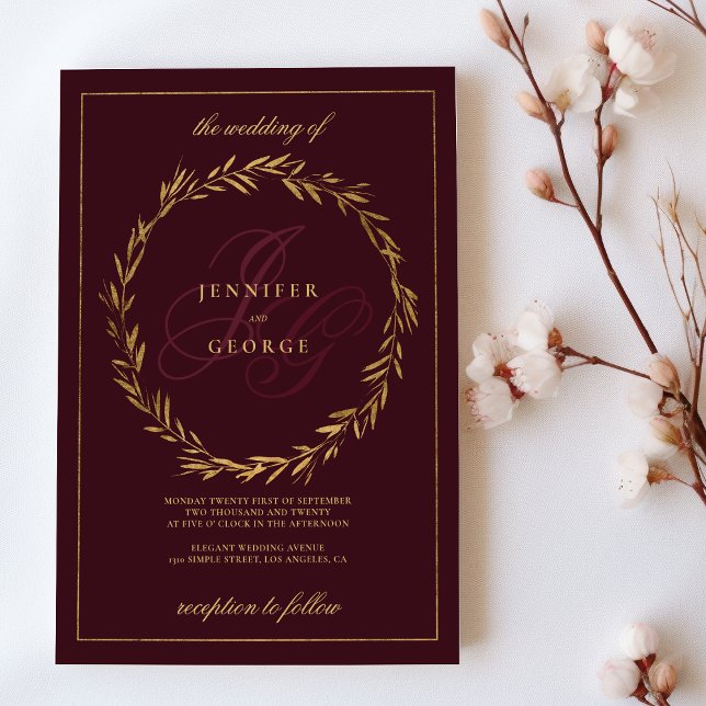 Invitation Mariage initiales monogramme or bourgogne foncé  (Dark burgundy gold monogram initials Wedding )