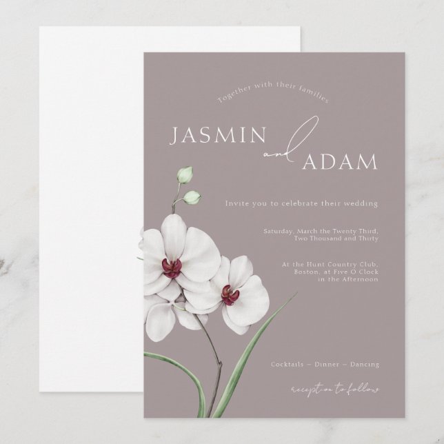 Invitation Mariage Initiales Orchidée Blanche Grise Moderne (Devant / Derrière)