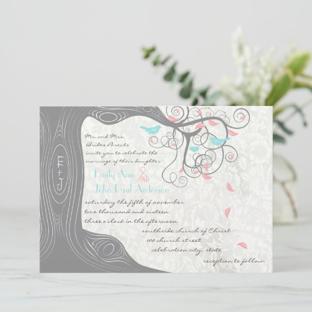 Invitation Mariage Inséparable Gris Peachy Pink Minty Aqua (Debout devant)