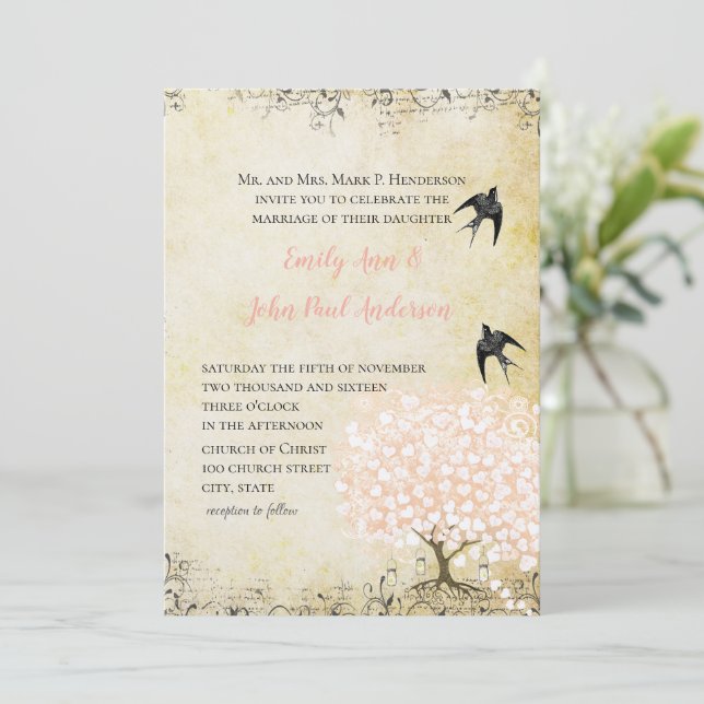 Invitation Mariage Inséparable rose pâle pour feuille de coeu (Debout devant)