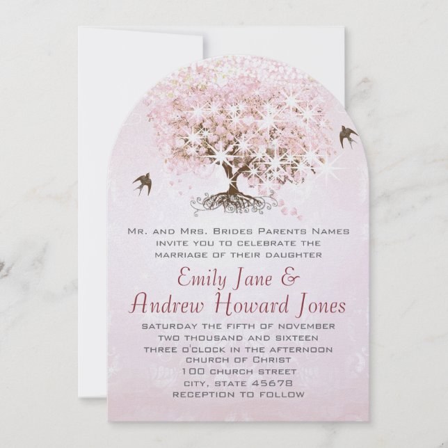 Invitation Mariage Inséparable simple Pink Heart Leaf Tree (Devant)