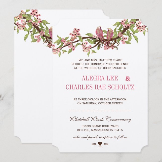 Invitation Mariage Inséparable vintage rose cerisier en fleur (Devant / Derrière)