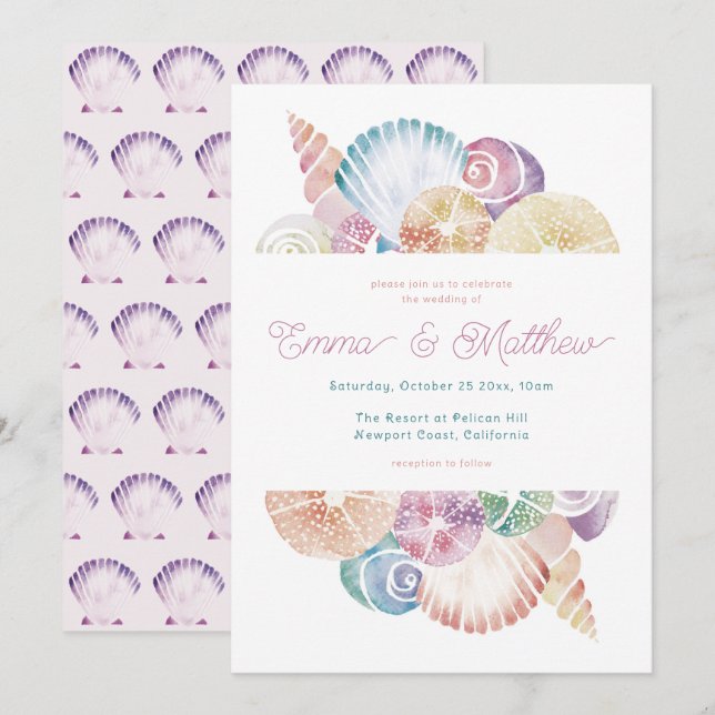Invitation Mariage inspiré de la mermaid et coquillage à l'aq (Devant / Derrière)