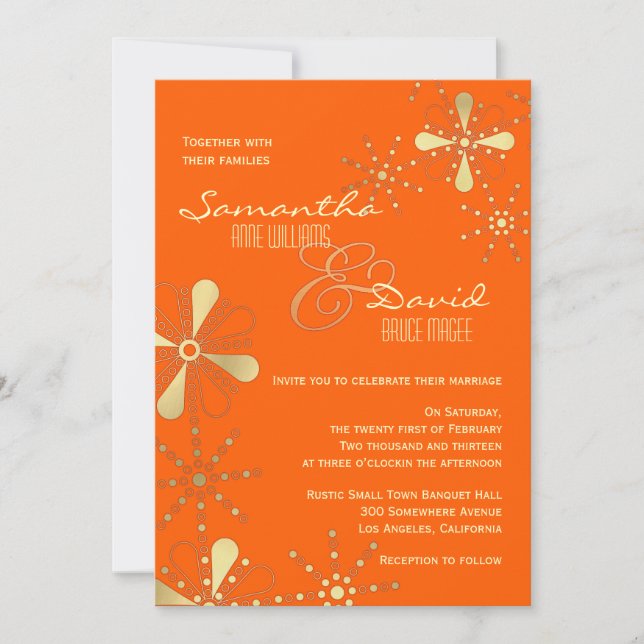 Invitation Mariage inspiré des Indiens d'Orange et d'Or (Devant)