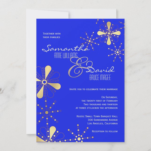Invitation Mariage inspiré indien de bleu et d'or (Devant)