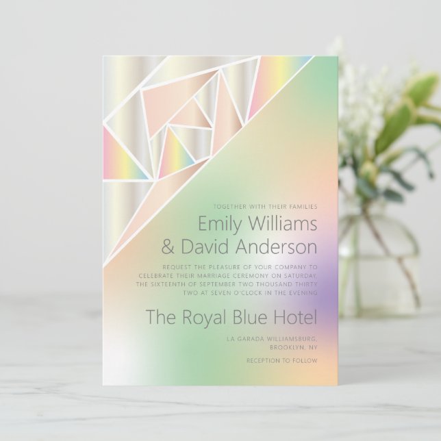 Invitation Mariage inspiré Iridescente Silver Pastel Gems (Debout devant)