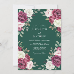Invitation Mariage intemporel aux feuilles de tilleul magenta