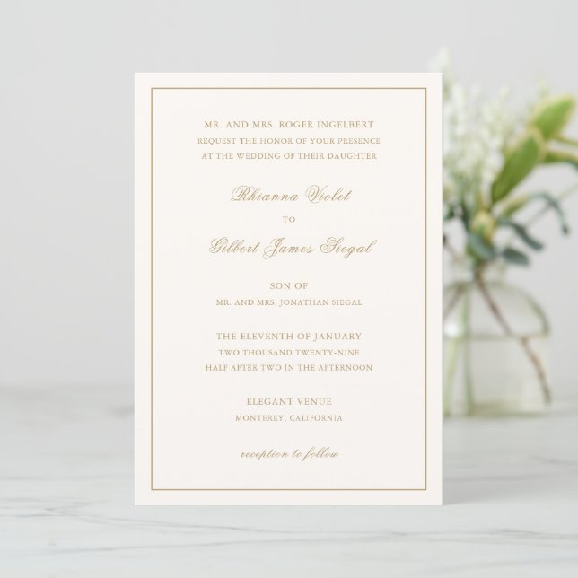 Invitation Mariage intemporel ivoire et or classique (Debout devant)