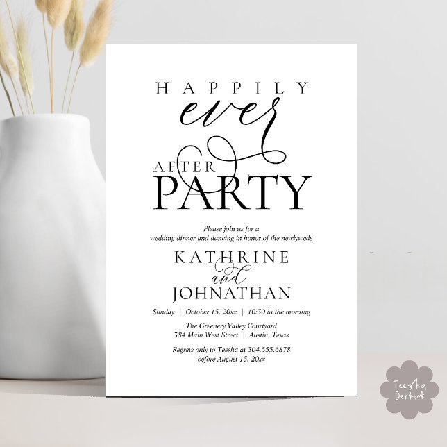 Invitation Mariage intime avec fête "Jusqu'à ce que la mort n (Modern Script Happily Ever After Dinner Party Elopement Invitation Card in Black and White)