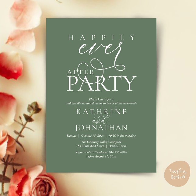 Invitation Mariage intime avec fête moderne après "Ils vécure (Modern Script Happily Ever After Dinner Party Elopement Invitation Card in Sage Green)