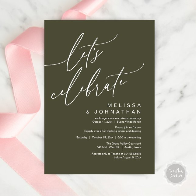Invitation Mariage Intime Célébrons la Fête de Fiançailles Ro (Let's Celebrate, Romantic Charm Wedding Elopement Dinner Party Brunch Invites Card PDF Olive Green)