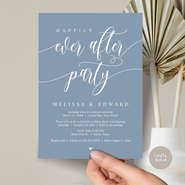 Invitation Mariage Intime et Fête de Fiançailles, Bleu Poussi (Happily Ever After Elopement Party Invitation Card, PDF, Modern Wedding Dinner, in Dusty Blue)