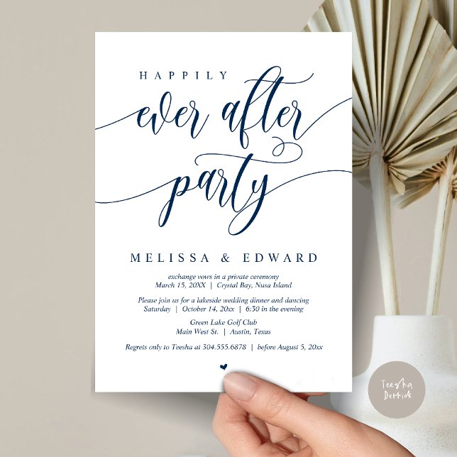 Invitation Mariage Intime Happily Ever After, Bleu Nuit (Happily Ever After Elopement Party Invitation Card, PDF, Modern Wedding Dinner, in Navy Blue)