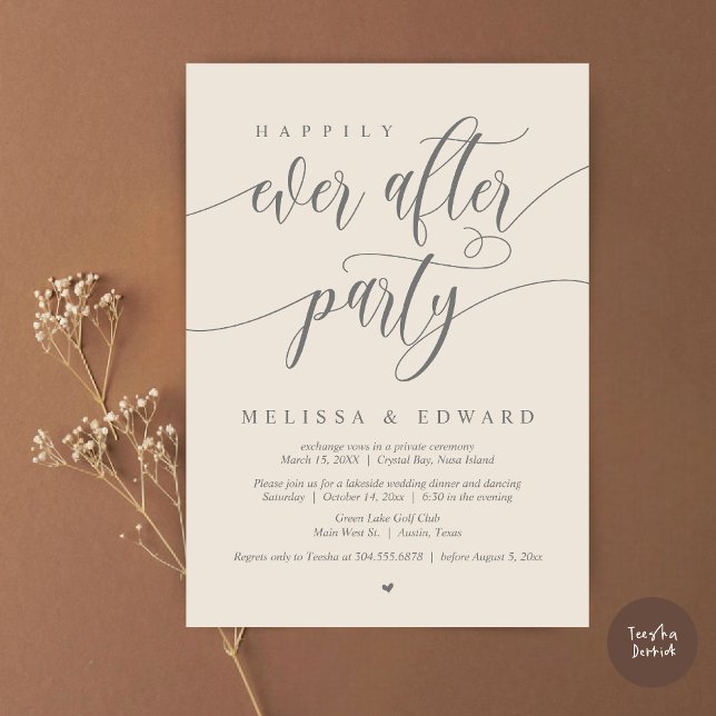 Invitation Mariage Intime Happily Ever After, Crème Gris (Happily Ever After Elopement Party Invitation Card, PDF, Modern Wedding Dinner, in Cream Grey  )