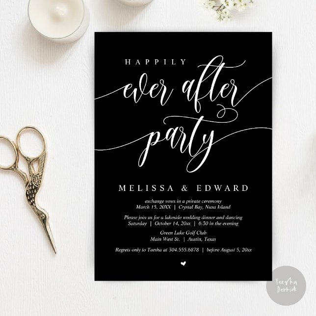 Invitation Mariage Intime Happily Ever After, Élégant Noir (Happily Ever After Elopement Party Invitation Card, PDF, Modern Wedding Dinner, in Classy Black)