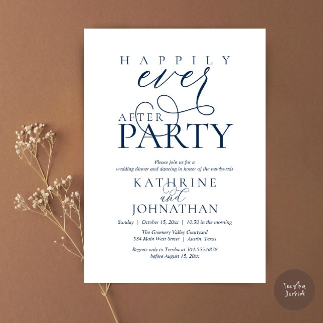 Invitation Mariage Intime Moderne avec une Fête de Félicité É (Modern Script Happily Ever After Dinner Party Elopement Invitation Card in Navy Blue)