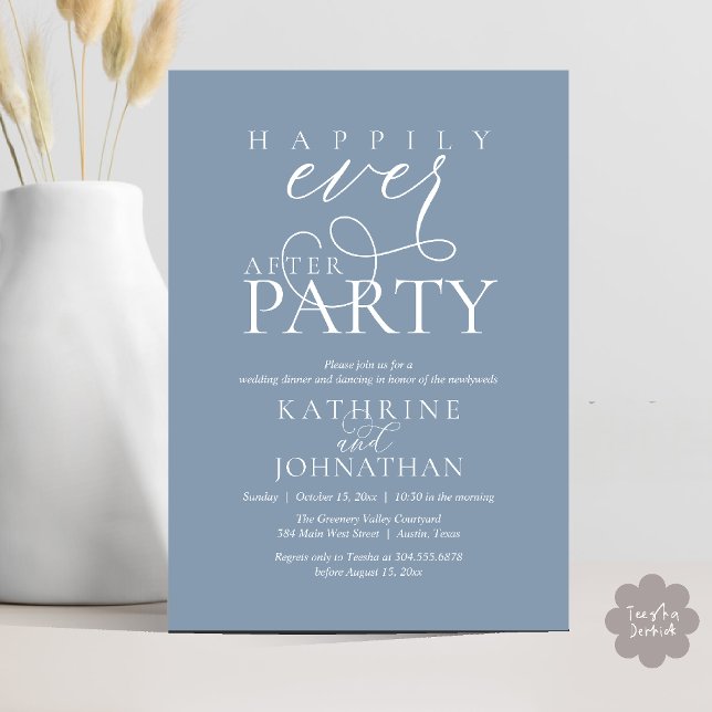 Invitation Mariage Intime Moderne avec une Fête de Félicité É (Modern Script Happily Ever After Dinner Party Elopement Invitation Card in Dusty Blue)