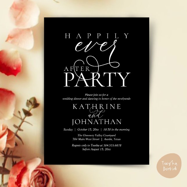 Invitation Mariage Intime Moderne avec une Fête de Félicité É (Modern Script Happily Ever After Dinner Party Elopement Invitation Card in Black and White)