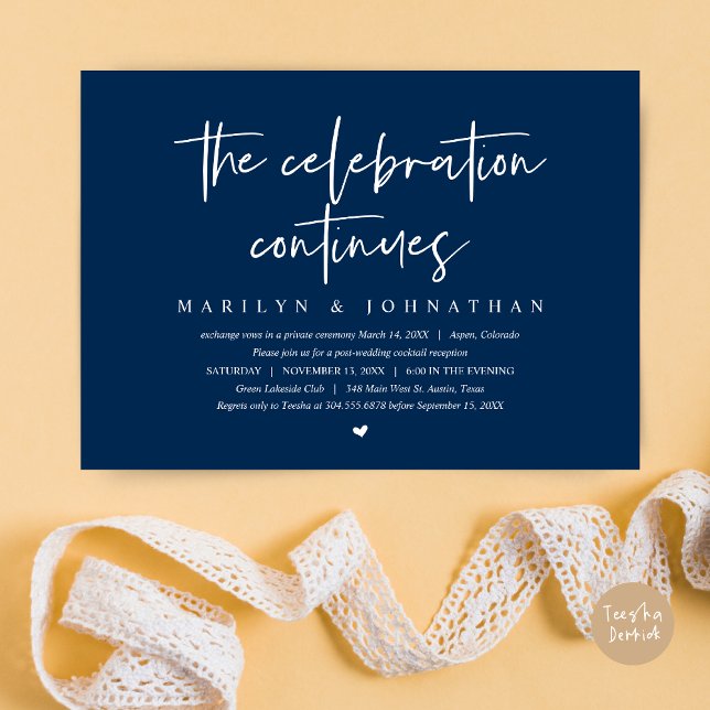Invitation Mariage Intime Moderne la célébration continue (Wedding Elopement, Modern celebration continues Invitation Card, PDF, in Navy Blue)