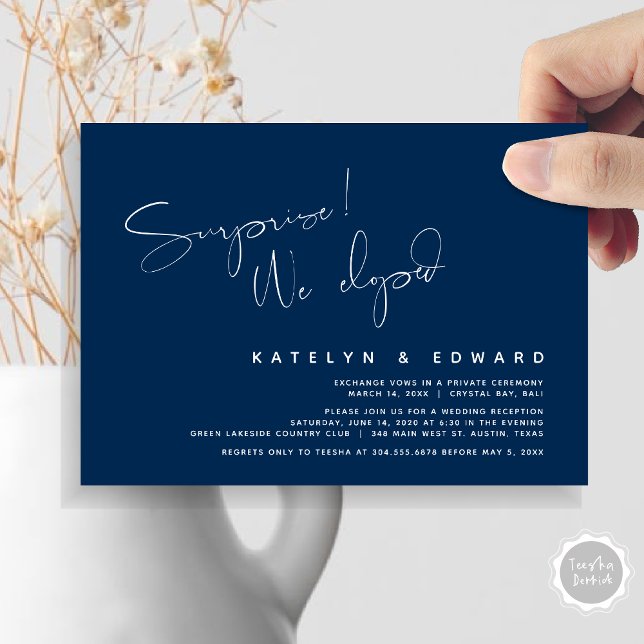 Invitation Mariage Intime Moderne, Surprise, nous nous sommes (Modern Wedding Elopement, Surprise, we eloped, dinner Invitation Card, PDF, in Navy Blue)