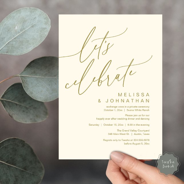 Invitation Mariage Intime Romantique Fête de Célébration (Let's Celebrate, Romantic Charm Wedding Elopement Dinner Party Brunch Invites Card PDF Yellow Gold)
