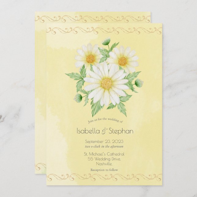 Invitation Mariage Invitat de  de marguerites blanches jaunes (Devant / Derrière)