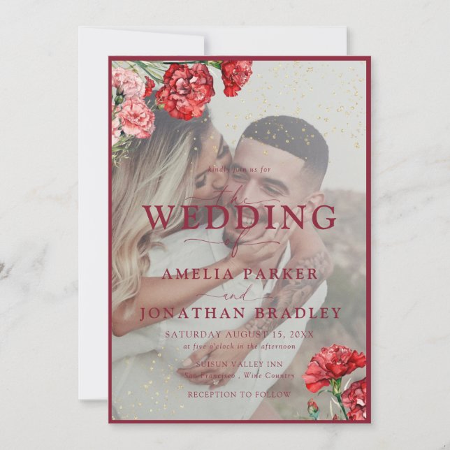 Invitation Mariage Invitati  en marbre rouge floral (Devant)