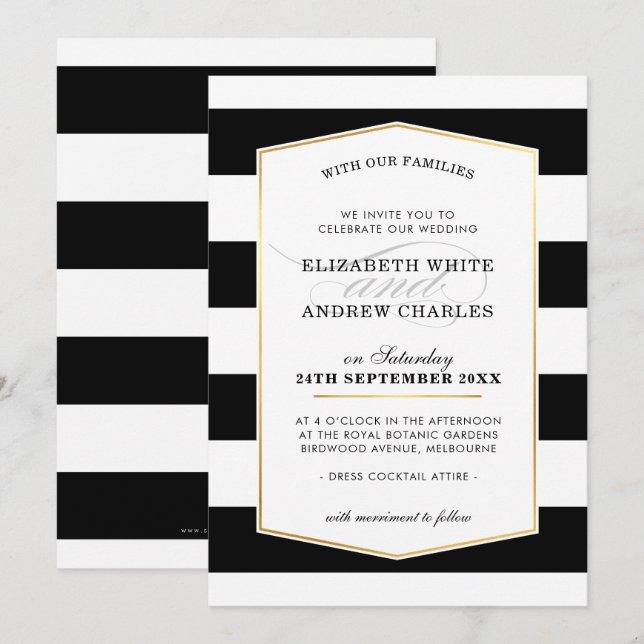 Invitation MARIAGE INVITE chic moderne noir blanc rayé or (Devant / Derrière)