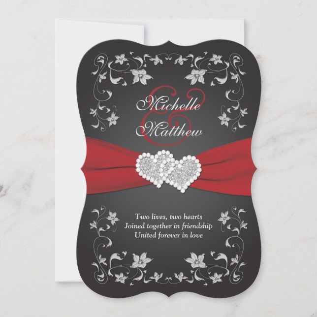 Invitation Mariage Inviter 2 Noir Rouge Argent, Floral, Coeur (Devant)