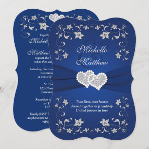 Invitation Mariage Inviter 2 Royal Blue Silver, Floral, Coeur