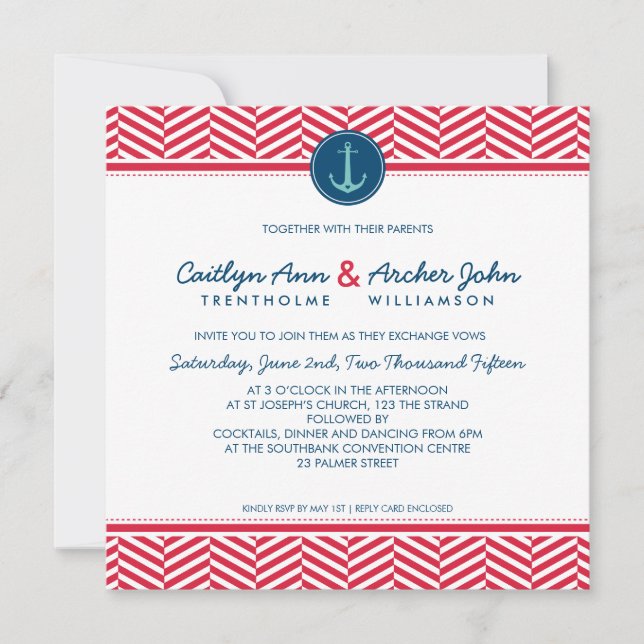 Invitation MARIAGE INVITER ancre nautique coeur marine bleu a (Devant)