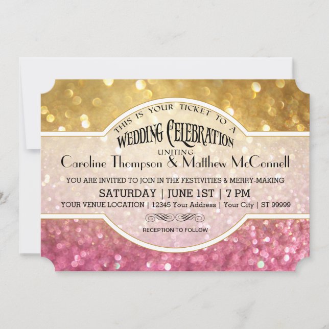 Invitation Mariage Inviter Bokeh Movie Ticket Style Gold Rose (Devant)