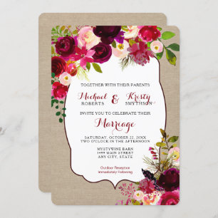 Invitation Mariage Inviter, bordeaux fleuri rustique 3979