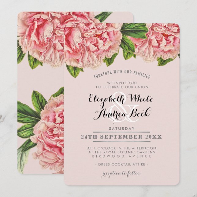 Invitation MARIAGE INVITER chic rose rousse fleur de pivoine  (Devant / Derrière)