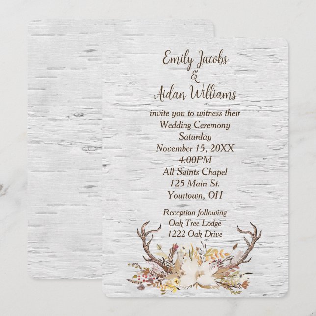 Invitation Mariage Inviter des Antlers de cerfs sur Birch (Devant / Derrière)