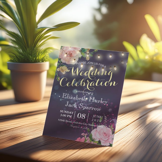 Invitation Mariage Inviter Floral Chaîne Lumières Violet Étin (Créateur téléchargé)