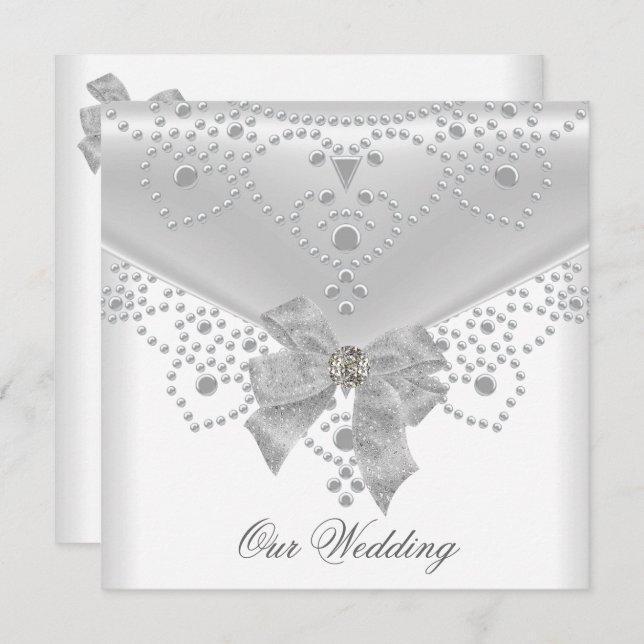 Invitation Mariage Inviter White Argent Overlay Bijou de la m (Devant / Derrière)