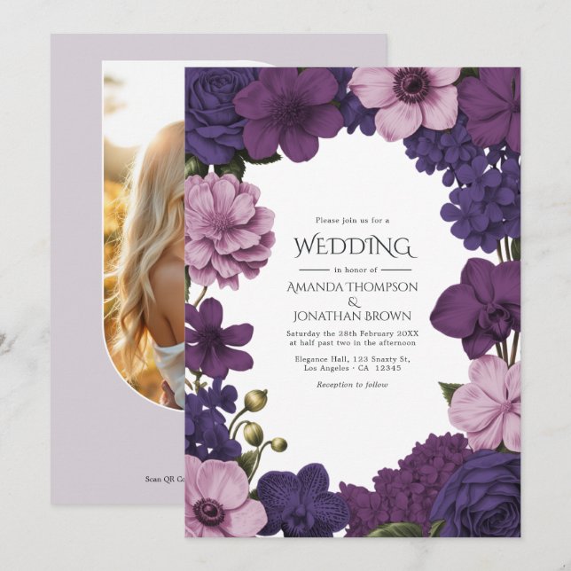 Invitation Mariage Iris de minuit, Prune veloutée et Pétales  (Devant / Derrière)