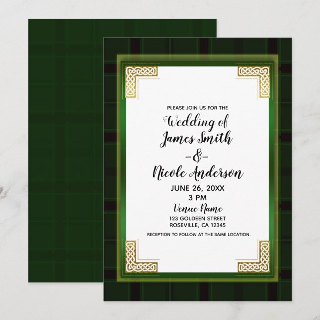 Invitation Mariage Irlandais Blanc Tartan Plaid Vert Or Celti (Devant / Derrière)