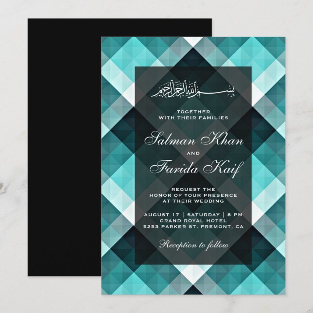 Invitation Mariage Islamique Abstrait Turquoise Géométrique (Devant / Derrière)